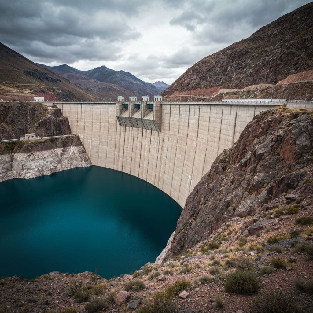 Aerial view of Tabqa Dam reservoir and dam wall